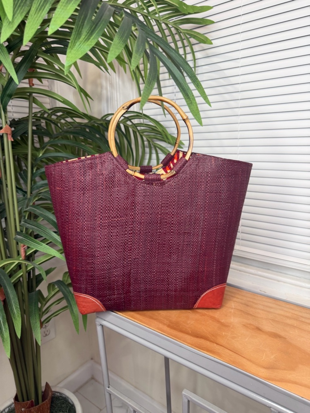 Burgundy Woven Tote with Bamboo Ring Handles